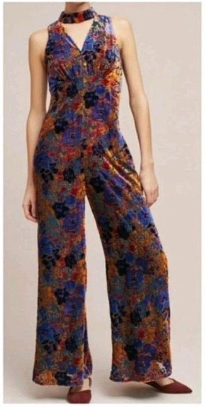 Anthropologie Maeve Ava Velvet Floral Wide Leg Jumpsuit • Whimsygoth • Size 4